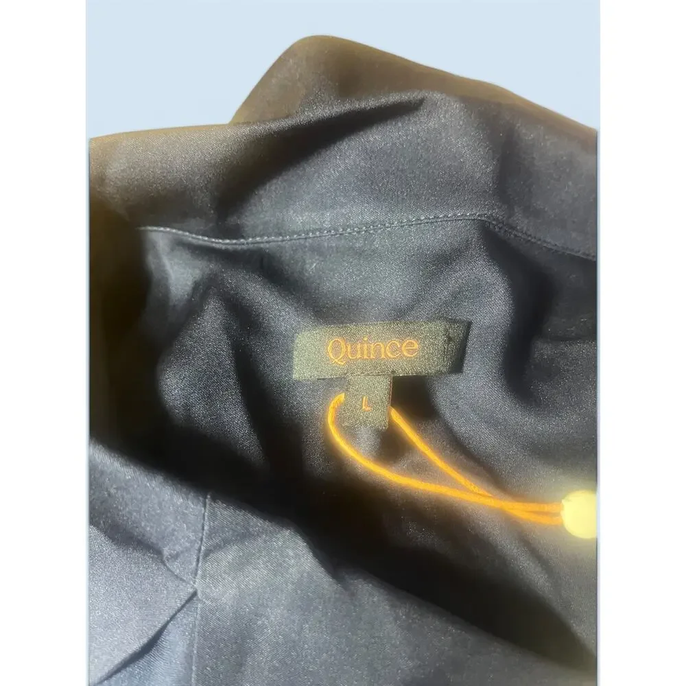 Quince Washable Stretch Silk short Sleeve Notch Collar Blouse Navy Blue Sz L NWT
